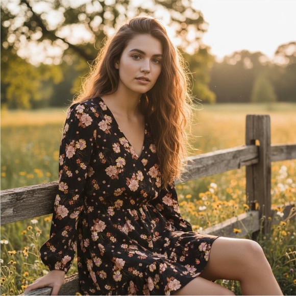 Abound Dresses & Skirts - Abound Black Floral Long Sleeve Dress